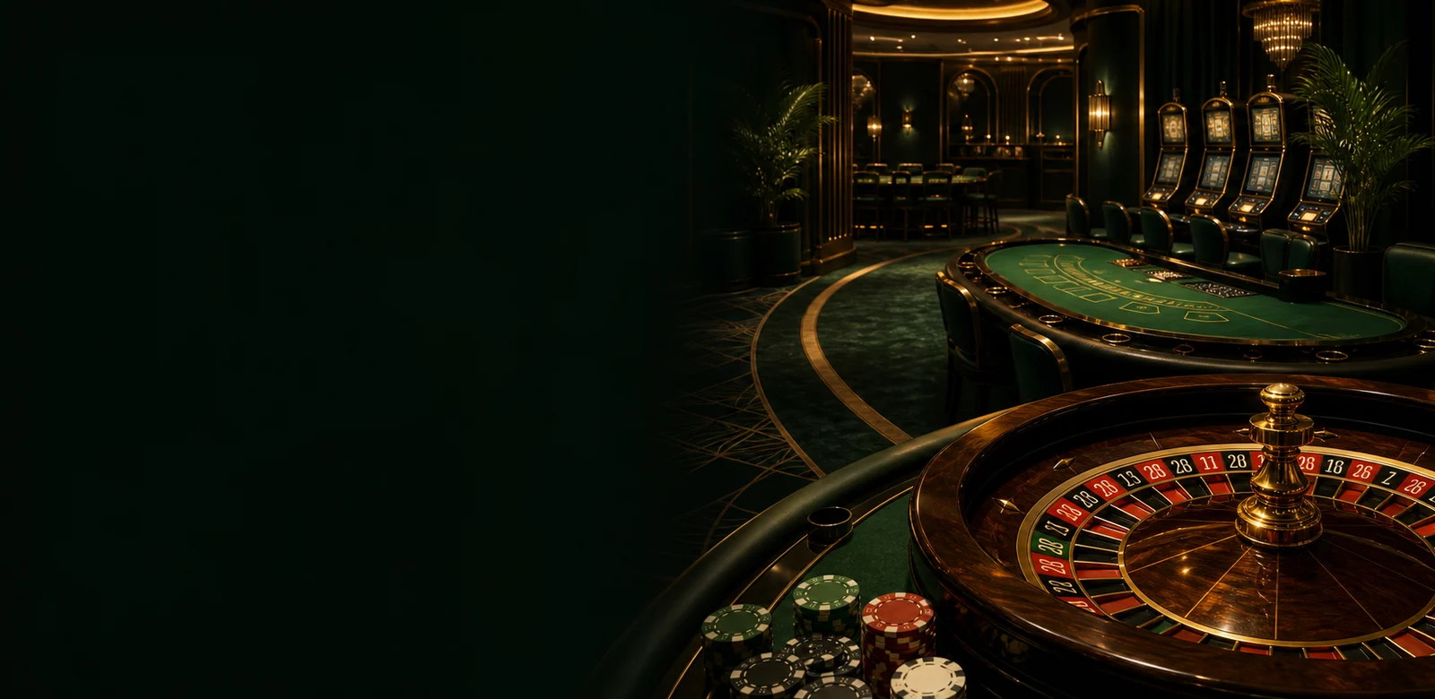 Emerald casino tables, a roulette wheel and slot cabinets